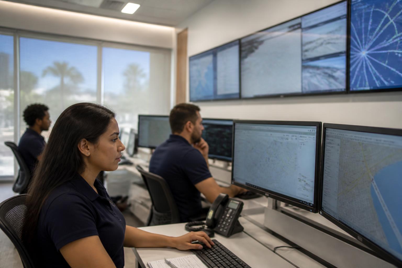 Equipe acompanhando rotas e operações em central de monitoramento