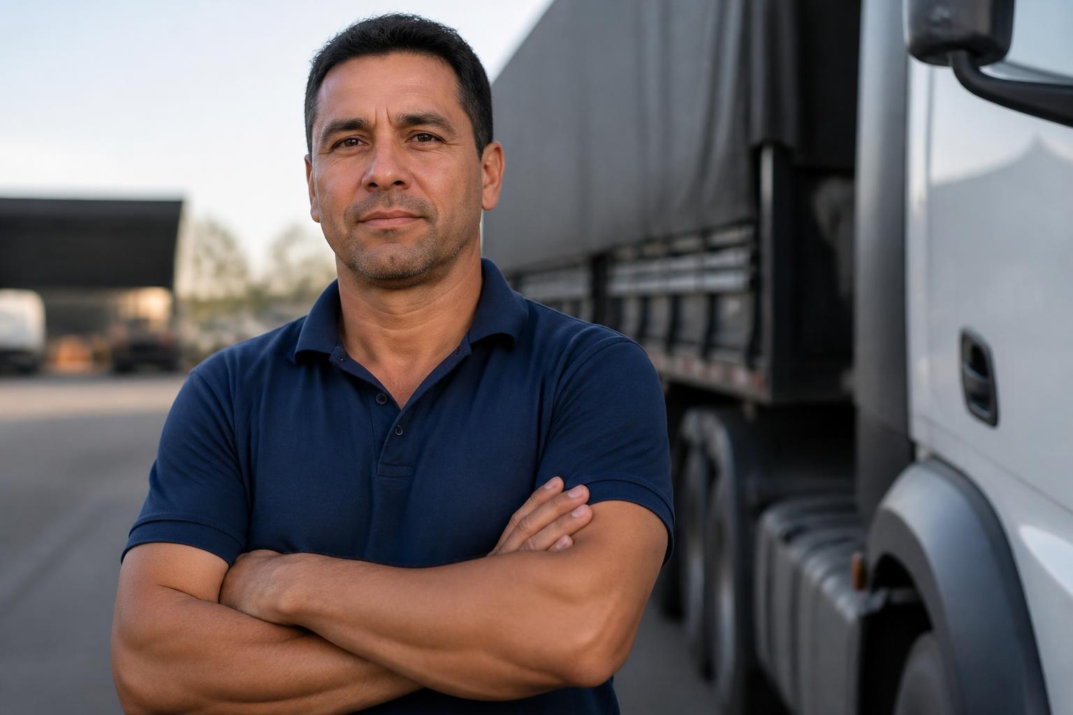 Motorista transportador ao lado do seu caminhão em pátio logístico